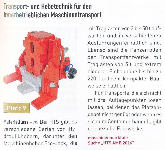 MM Maschinenmarkt - Produkte des Jahres - Dezember 2016 - HTS - Transport- und Hebetechnik für den innerbetrieblichen Maschinentransport